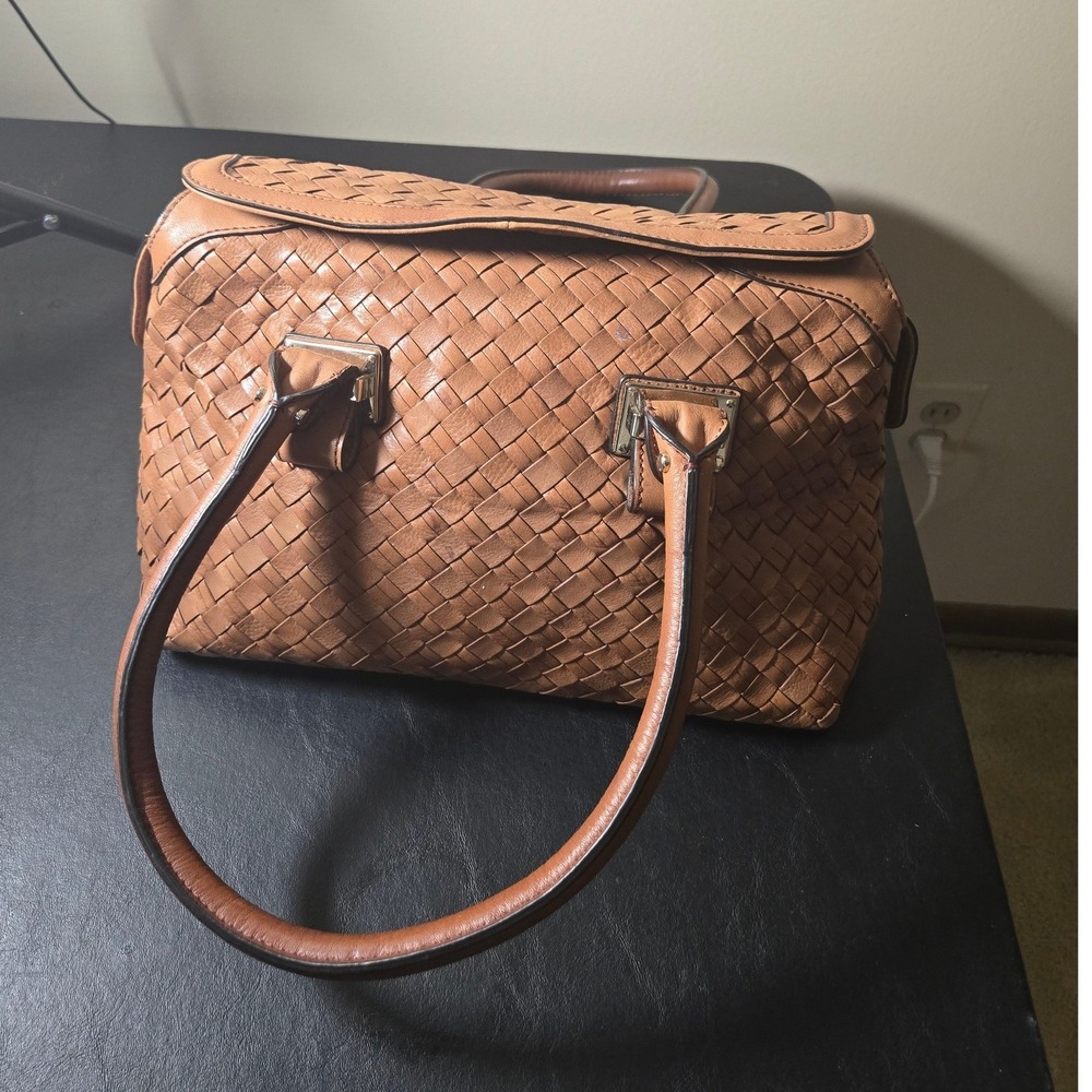 Cole Haan Satchel Women Tan Good Woven Leather Basketweave Handbag Gold Hardware